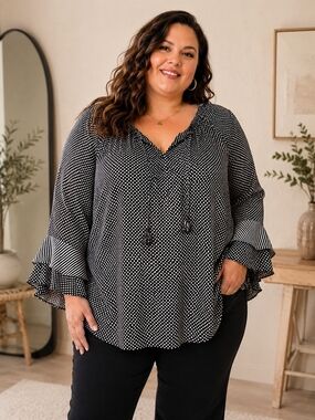 Fred David Black and White Polka Dot Ruffle Sleeve Tunic